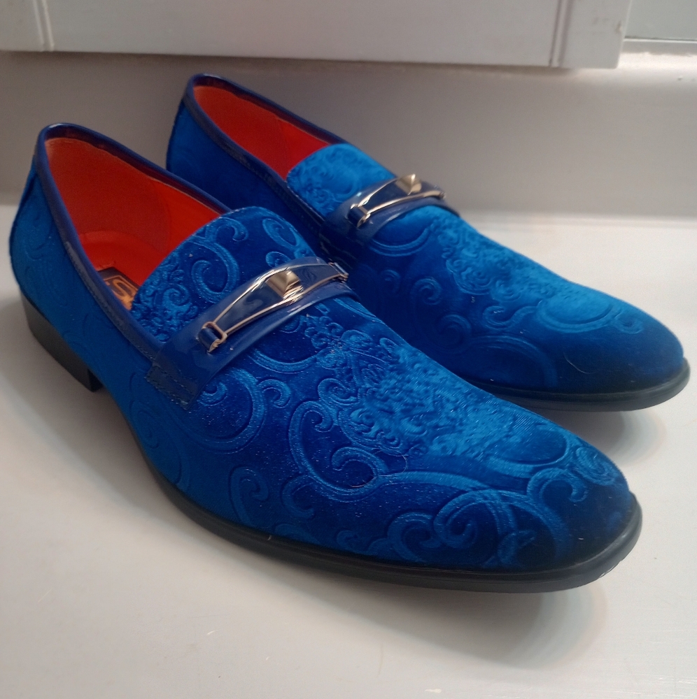 Blue Embossed Velvet Men's Slip-On Loafers - Picture 2 of 9